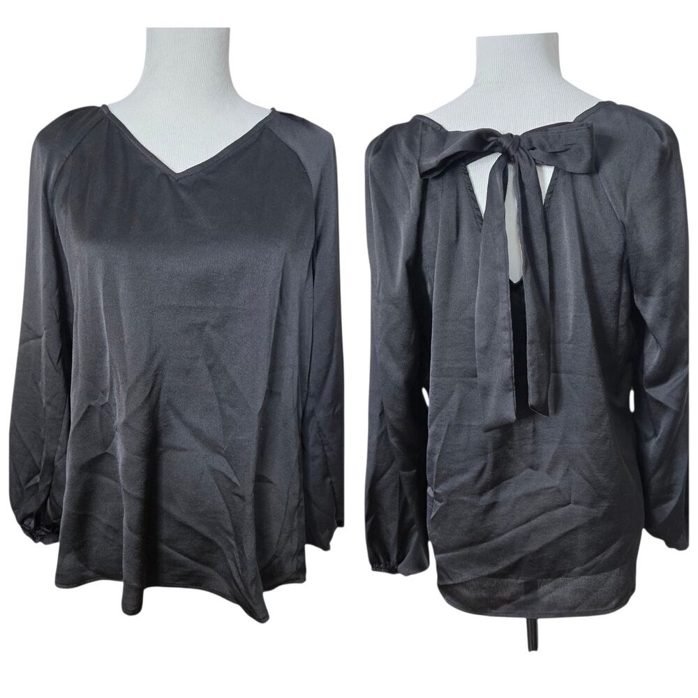 Nine West Bow Back Top Black V-Neck Size Medium Blouse Career Office New $69